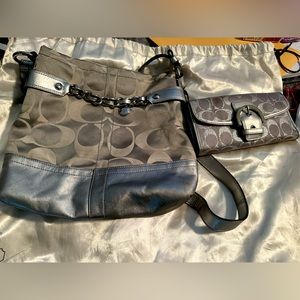 Coach purse and wallet its a silver and light gray has a chain across the front